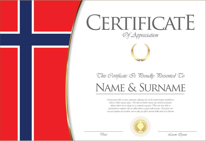 Certificado o diploma de diseño de la bandera de Noruega. vector