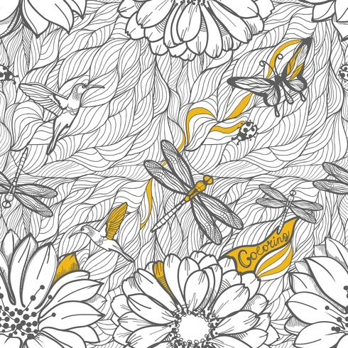 Seamless pattern of leaves, dragonflies, beetles and butterflies. vector