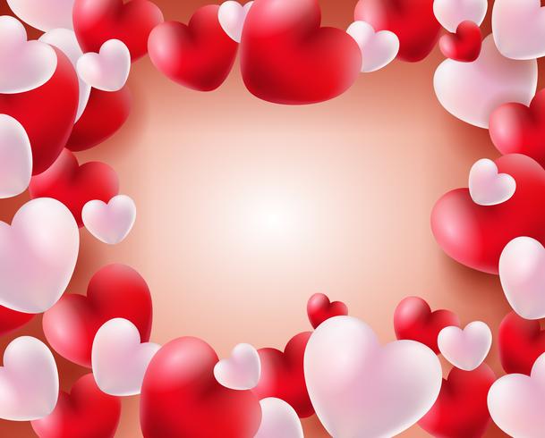 Fondo del día de San Valentín con globos rojos y blancos concepto de corazones 3d vector