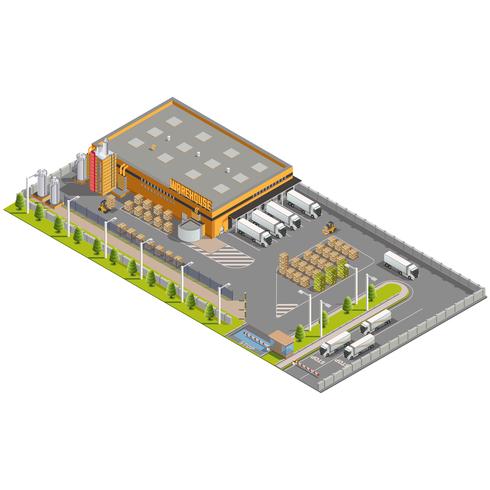 Isometric Warehouse with Loading and Unloading Area vector