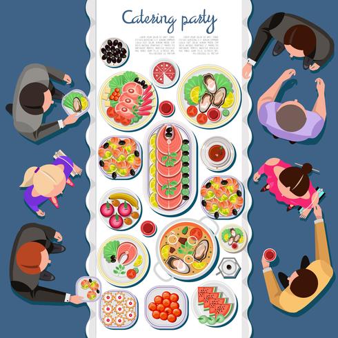 Catering fiesta con gente y una mesa de platos del menú, vista superior. Vector ilustración plana.