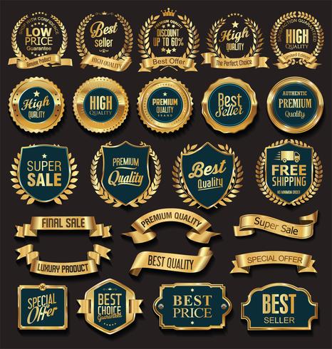 Insignias y etiquetas de oro premium de lujo vector