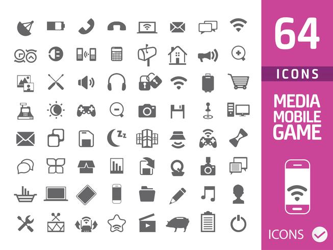 conjunto de 64 iconos de medios aislados en blanco vector