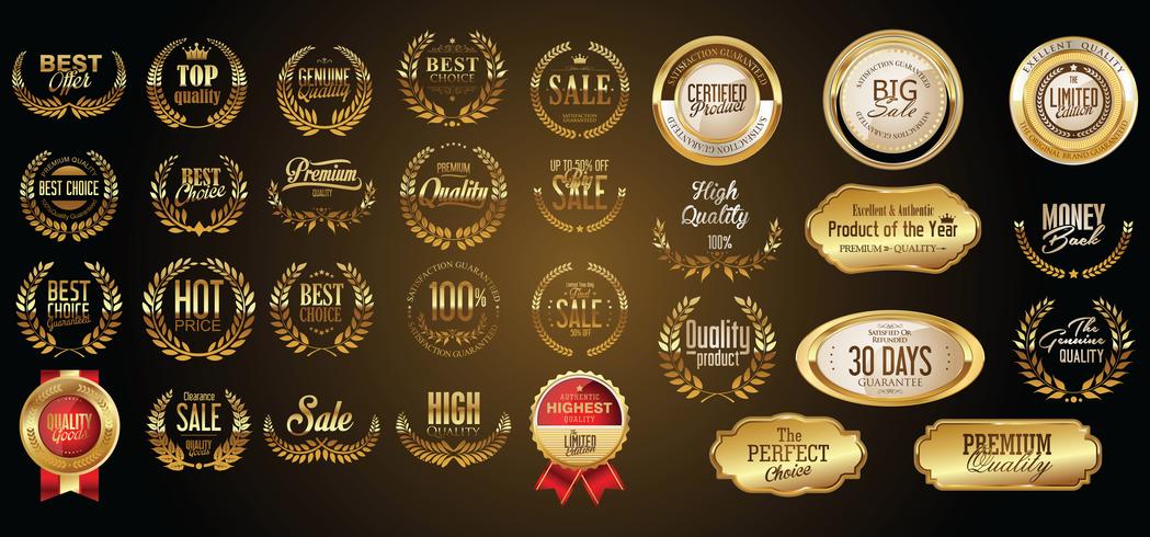 Insignias y etiquetas de oro premium de lujo vector