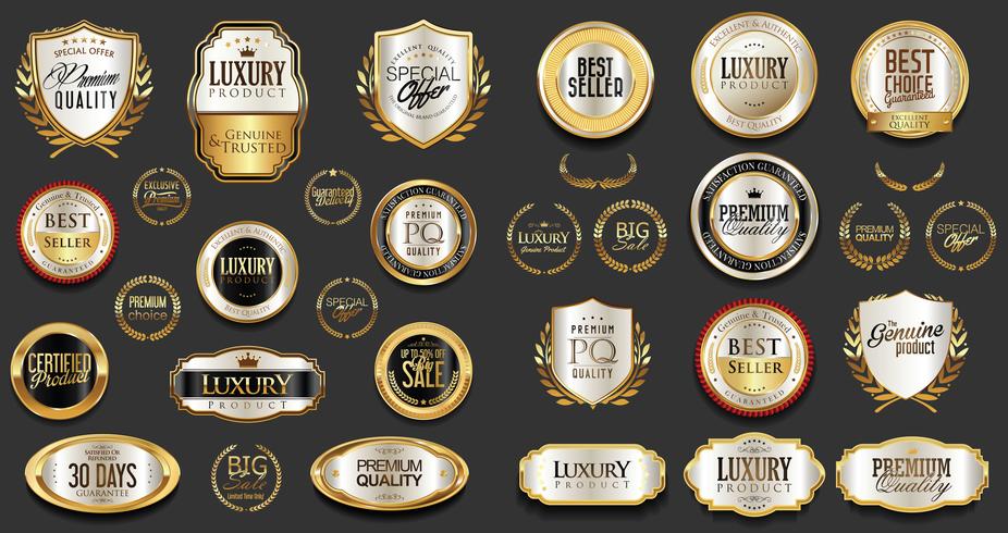 Insignias y etiquetas de oro premium de lujo vector