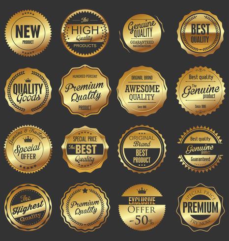 Insignias y etiquetas de oro premium de lujo vector