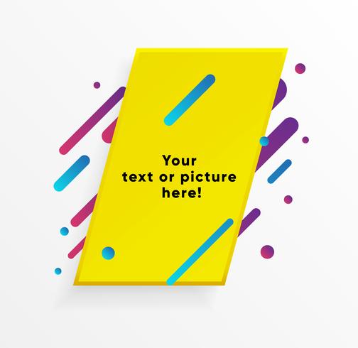 Forma abstracta amarilla del cuadro de texto con las líneas y los círculos de neón de moda. Vector de fondo