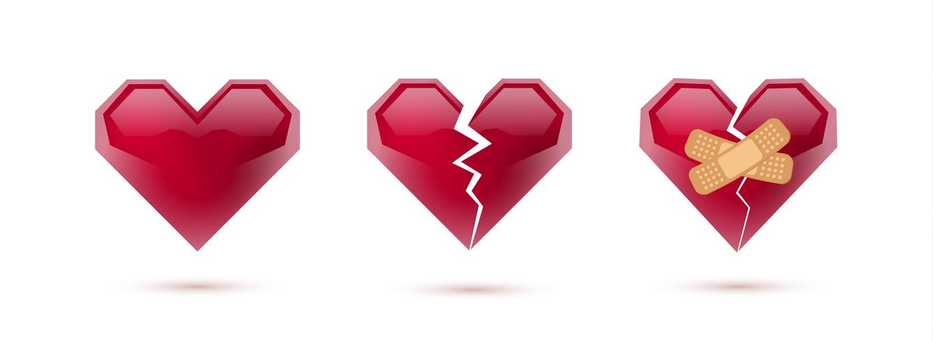 Conjunto del vector de los corazones quebrados de iconos y de símbolos realistas. Aislado en el fondo blanco Ilustración vectorial