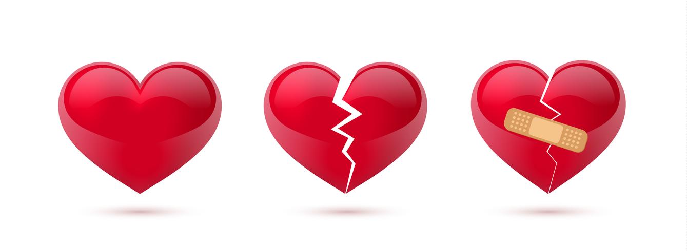Broken hearts vector set of realistic icons and symbols. Isolated in white background. Vector illustration