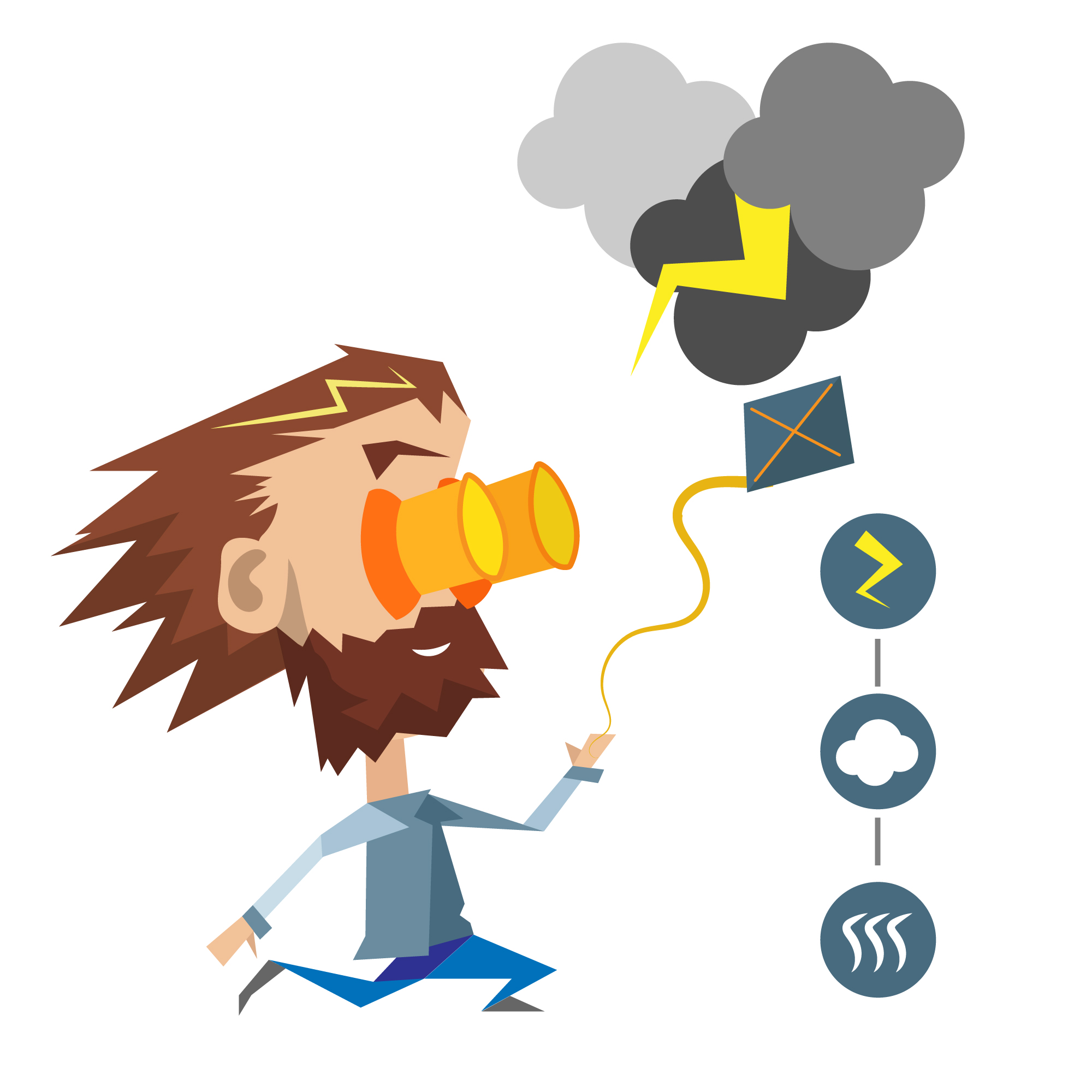 Scientist running after the clouds. Icons representative to electricity