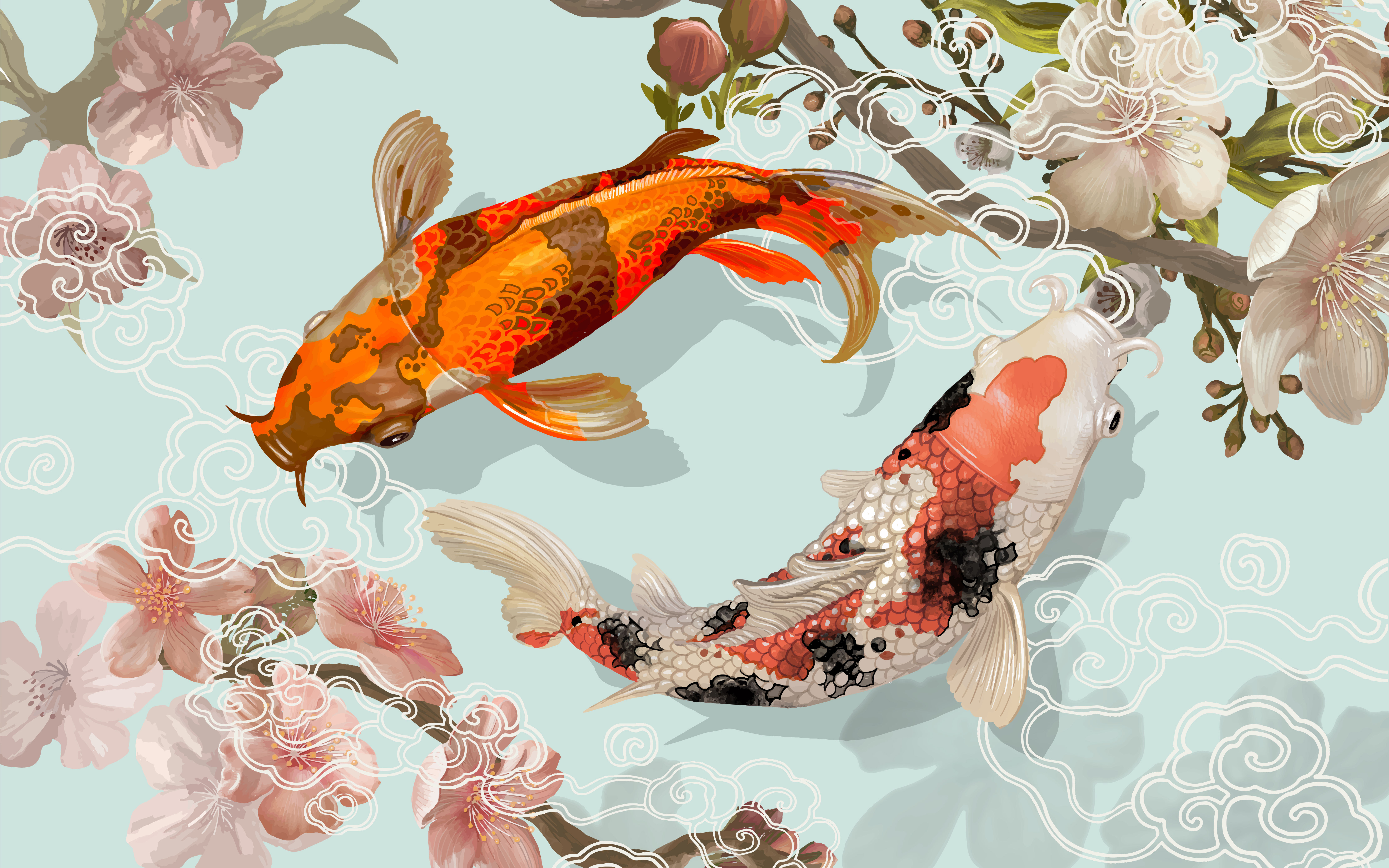 Two Japanese Koi fish swimming - Download Free Vectors, Clipart