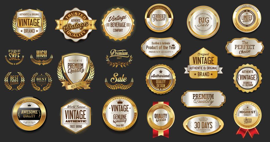 Insignias y etiquetas de oro premium de lujo vector