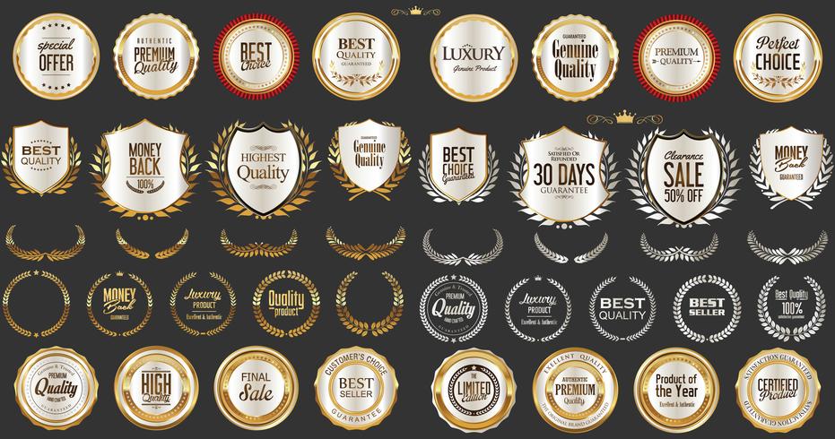 Insignias y etiquetas de oro premium de lujo vector