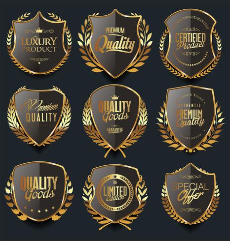 Insignias y etiquetas de oro premium de lujo vector