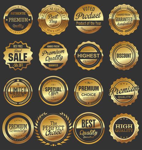 Insignias y etiquetas de oro premium de lujo vector