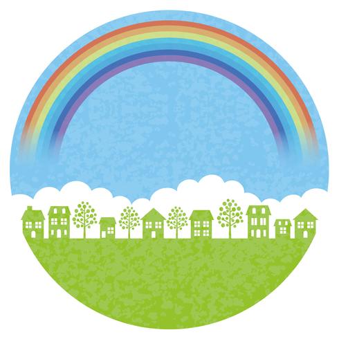 Round townscape background with the rainbow. vector