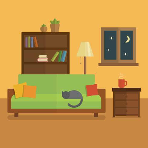 Habitación acogedora ilustración plana interior. Librería con libros y plantas, gato durmiendo en un sofá verde, taza de té en la mesa vector