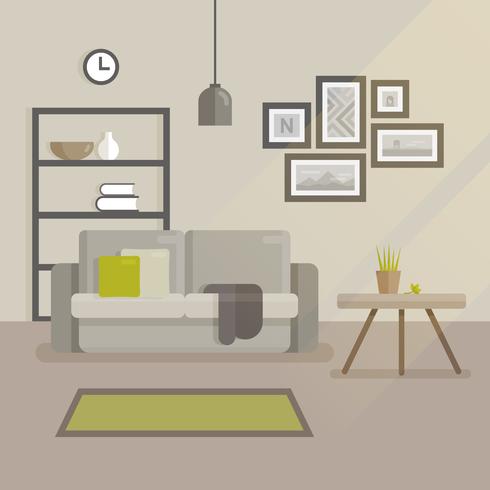 Ilustración plana de diseño interior escandinavo. Interior minimalista y moderno de la habitación. Sofá con almohadas, juego de cuadros en la pared, mesa con maceta. vector