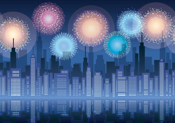 Seamless cityscape with skyscrapers and fireworks. vector