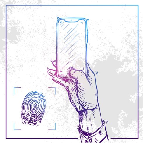 Ilustración de la mano sosteniendo un teléfono y hacer huella digital vector