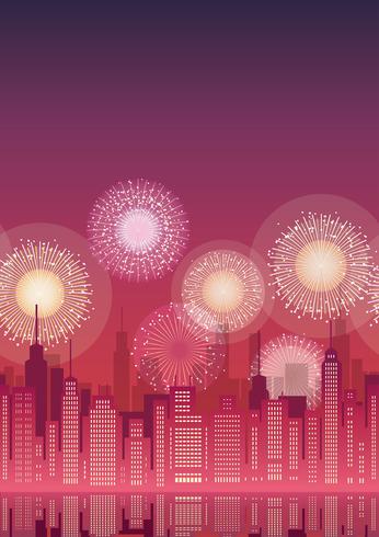 Seamless cityscape with skyscrapers and fireworks. vector