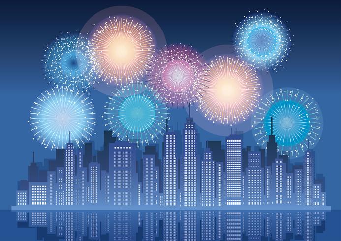 Cityscape with skyscrapers and fireworks. vector