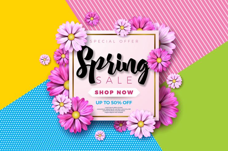 Spring sale background design with beautiful colorful flower vector