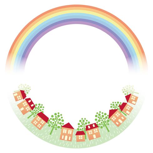 Circle frame with the rainbow and townscape. vector