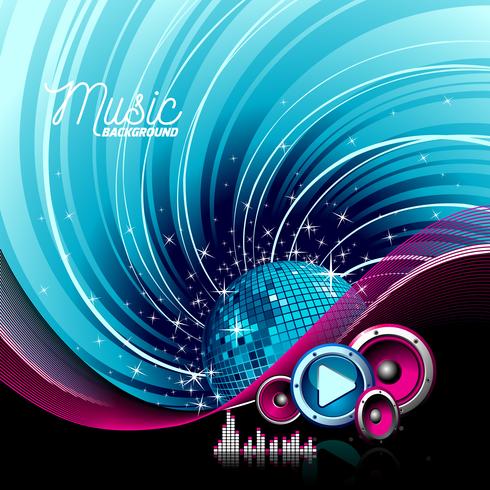 Vector music illustration with speakers and disco ball on grunge background.