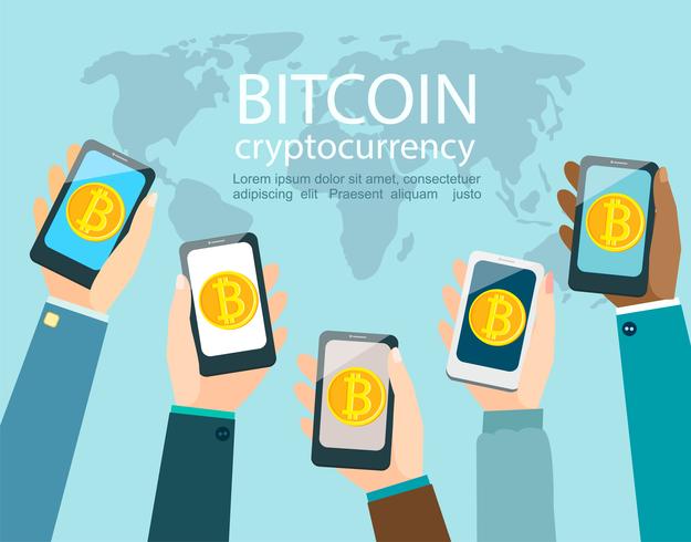 Manos con smartphones con el símbolo de bitcoin. vector