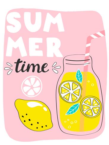 Tarjeta de verano brillante con cóctel y letras handdrawn vector