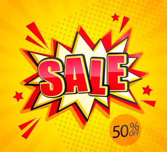 Sale boom banner en estilo pop art, 50% de descuento vector