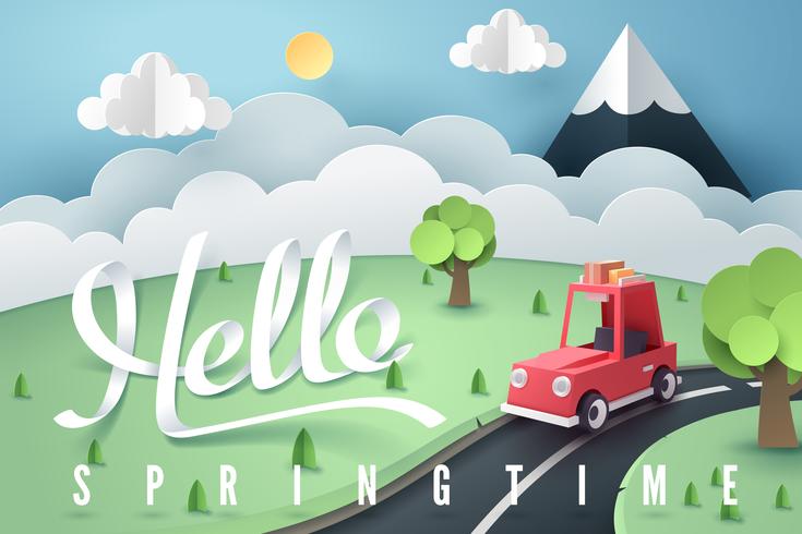 Arte de papel del bosque rojo del coche y la montaña con letras Hola primavera vector