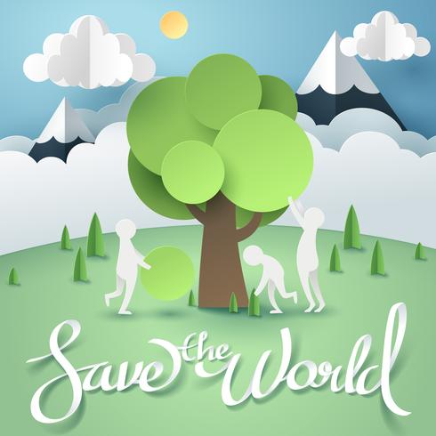 Paper art of people set up and build a tree, world sustainable environment vector