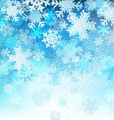 Fondo azul brillante con copos de nieve. vector