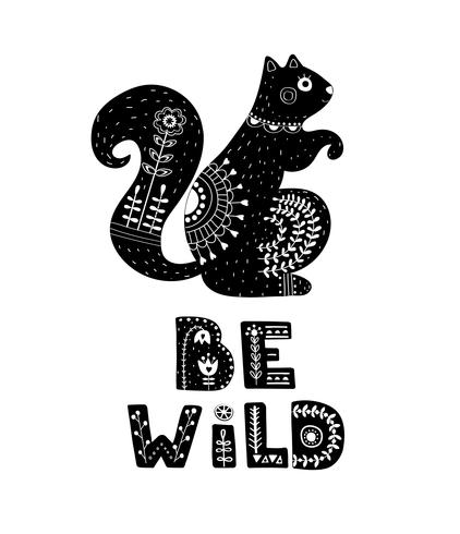 Black and white card with Lettering and Squirrel. vector