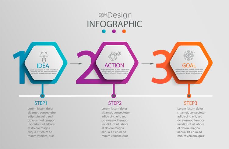 Plantilla de infografía de papel con 3 opciones hexagonales. vector