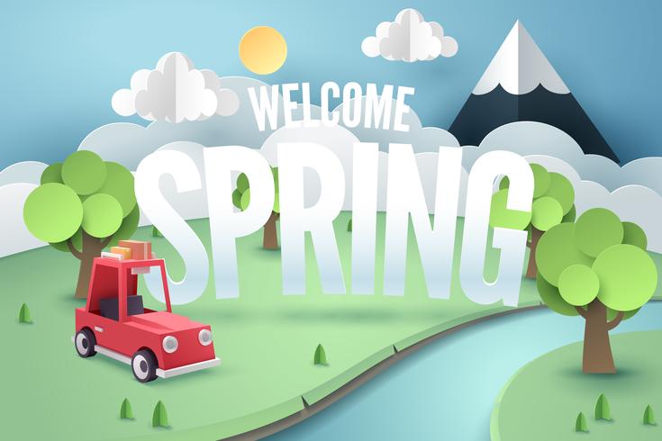Paper art of red car mountain with welcome Spring, origami and travel concept vector