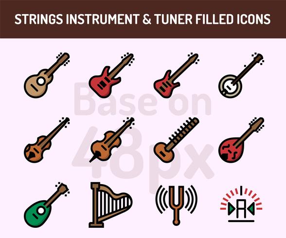 Conjunto de iconos de instrumento de cuerda. Esquema de iconos rellenos basados en 48 píxeles con píxeles perfectos vector