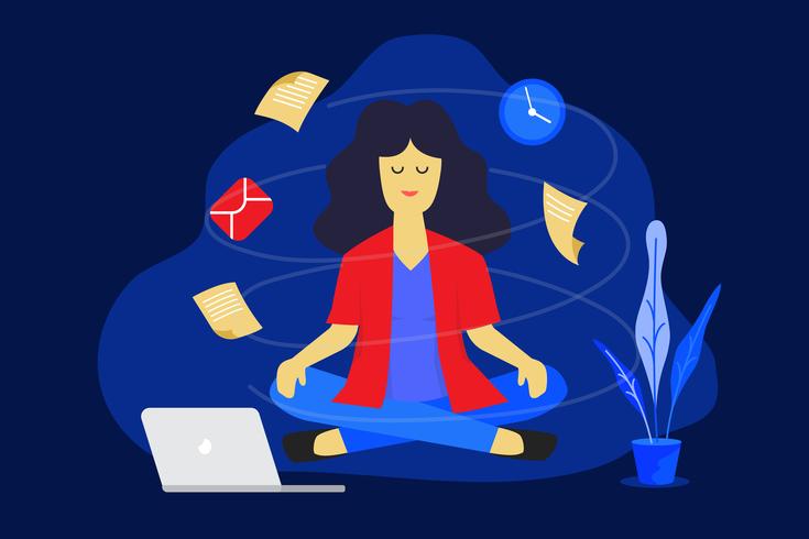 Mujer de meditación en el trabajo. Concepto de diseño de trabajo de negocios. Ilustración vectorial vector