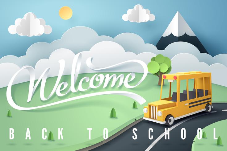 Paper art of school bus running on country road vector