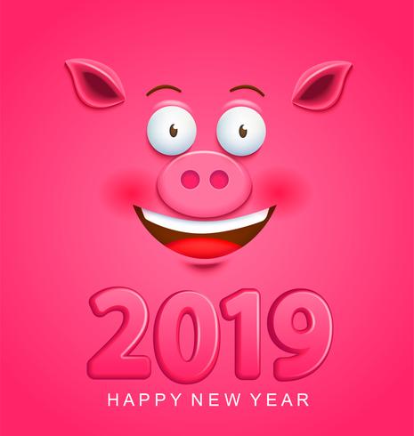 Cute greeting card for 2019 new year with pig face vector