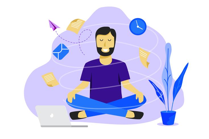 Hombre de meditación en el trabajo. Concepto de diseño de trabajo de negocios. Ilustración vectorial vector