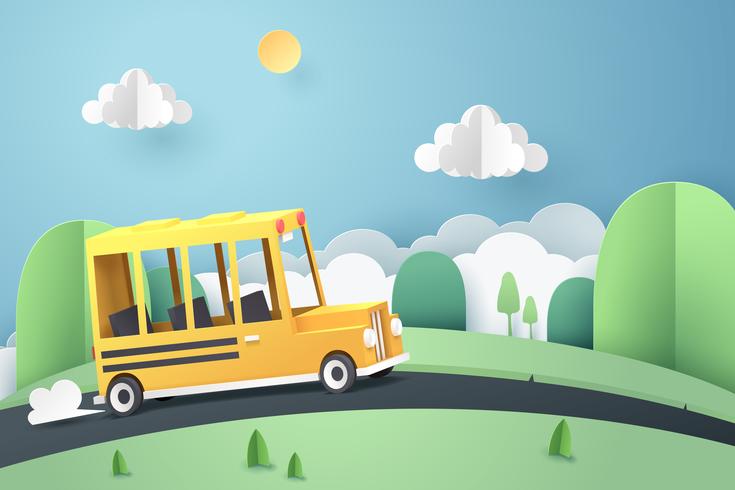 Paper art of school bus running on country road, back to school concept vector