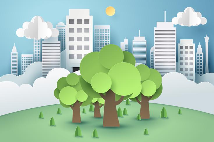 Tree surrounded by buildings, paper art concept vector