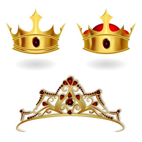 Un conjunto de coronas de oro realistas y una tiara. vector