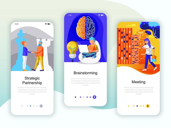 Set of onboarding screens user interface kit for Partnership, Brainstorming vector