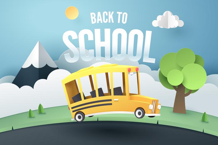 Paper art of school bus running on country road, back to school concept vector