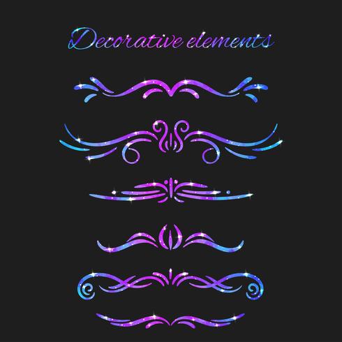 Vector Flourishes. Dividers Set. Hand Drawn Decorative Swirls With Glitter. Calligraphic Decorations With Sparkles. Space Texture. Glowing Stars Effect.