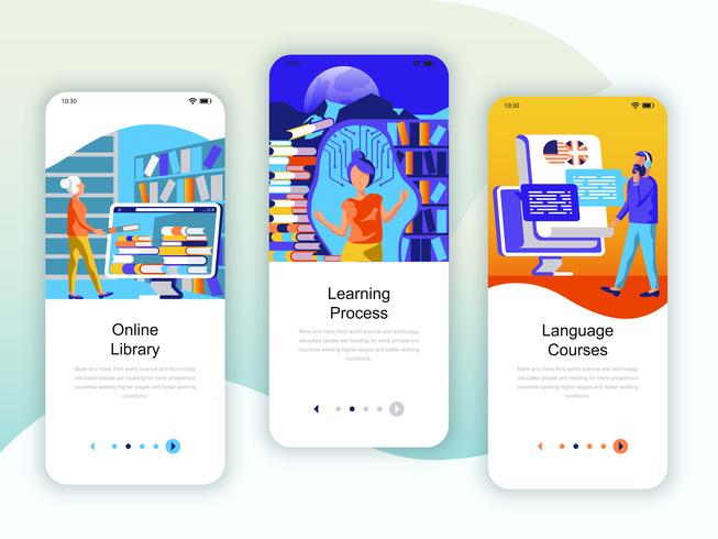 Set of onboarding screens user interface kit for Library, Learning, Language Courses vector